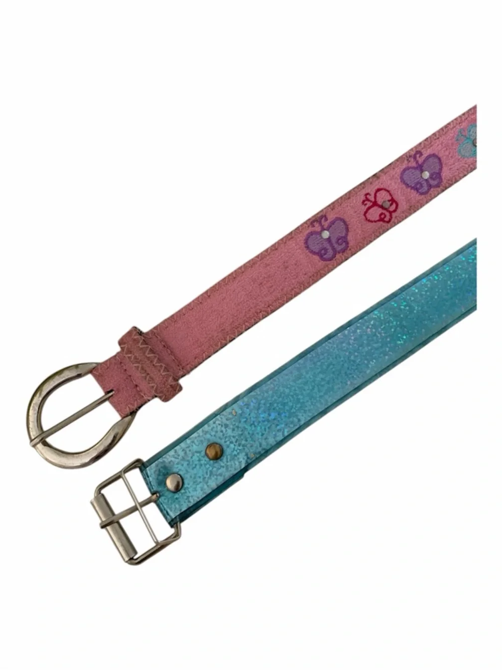 Belt Lot Girls Size 6 Pink Butterfly & Sparkly Blue 2 PCS Velvet Rubber Buckle